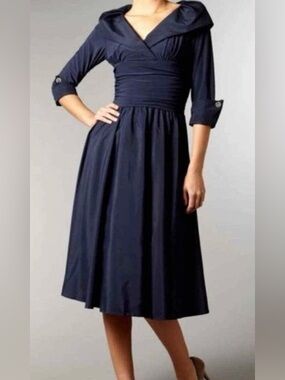 Eliza J Navy Midi Cocktail Dress with 3/4 Sleeves